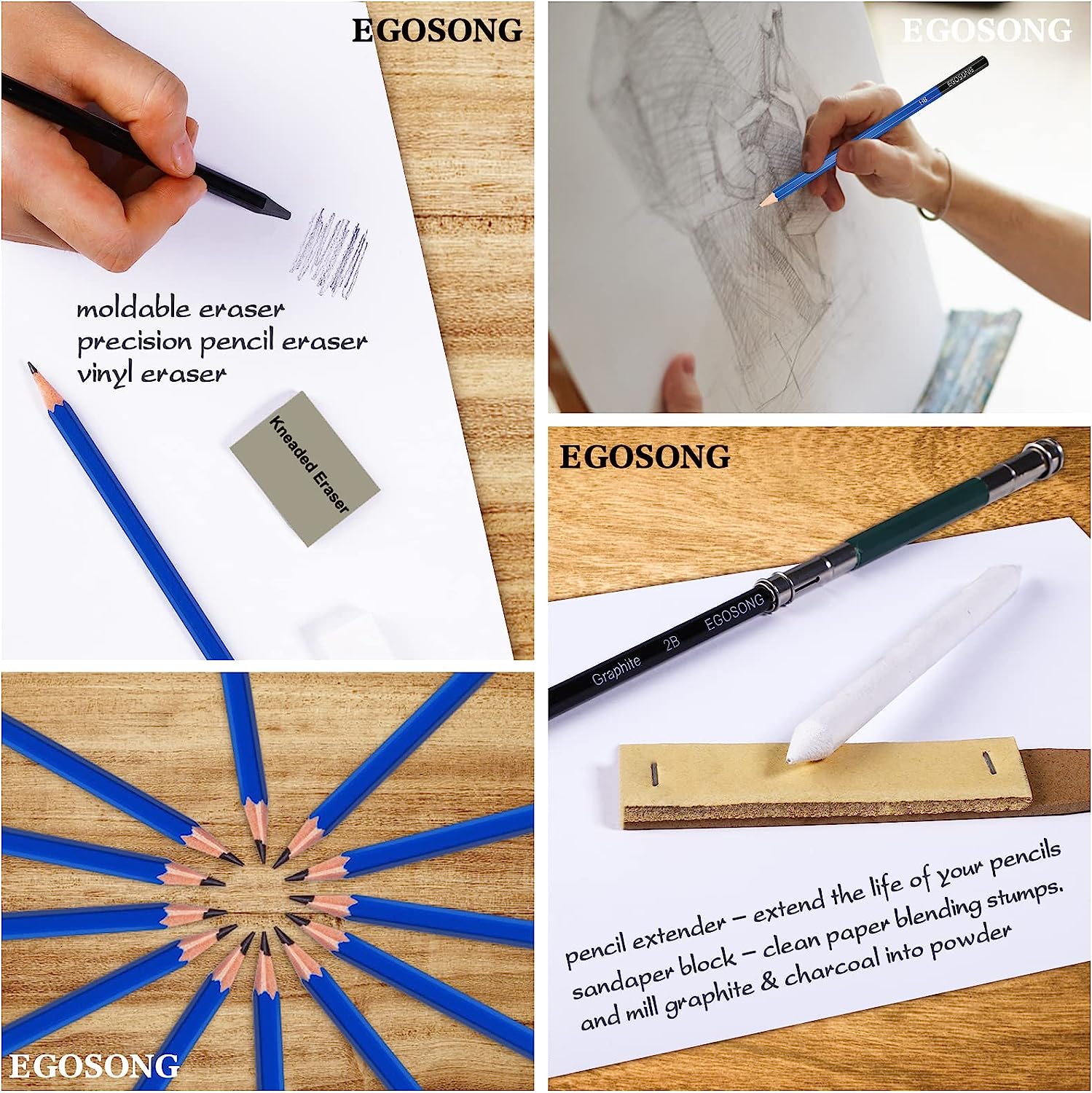 EGOSONG 41 Pack Professional Art Supplies – Graphite/Charcoal Pencils Art Set – All in One Drawing Tools Sketching Art Kit with Sketchbook – Portable Travel Drawing Kit for Adults Beginners & Artists - Image 6